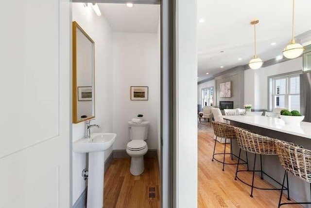 bathroom with toilet, a sink, a fireplace, and wood finished floors