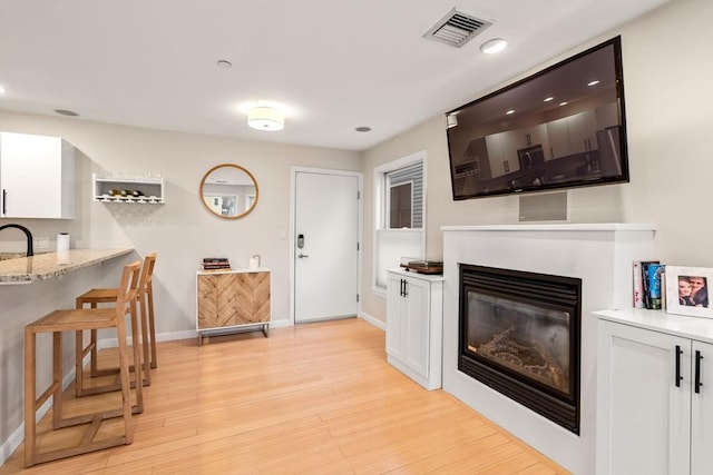 living room featuring sink and light hardwood / wood-style flooring