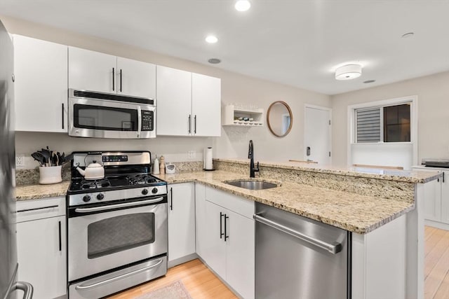 kitchen with stainless steel appliances, white cabinetry, sink, and kitchen peninsula