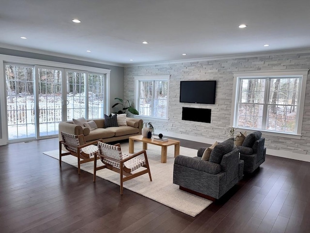 living room with ornamental molding, dark hardwood / wood-style flooring, and a fireplace