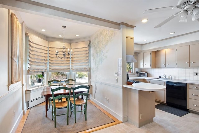 kitchen with black dishwasher, decorative light fixtures, light countertops, backsplash, and a baseboard heating unit