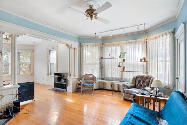 sitting room featuring crown molding, light wood finished floors, radiator heating unit, and ornate columns