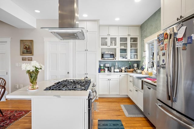 kitchen featuring glass insert cabinets, island range hood, stainless steel appliances, and light countertops