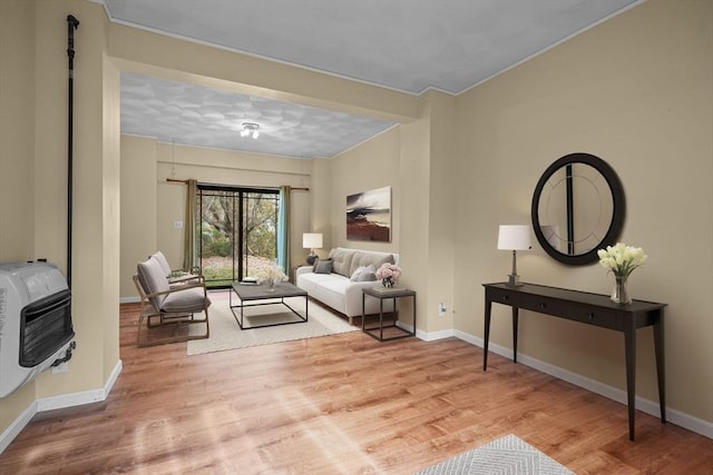 living room with heating unit and light wood-type flooring