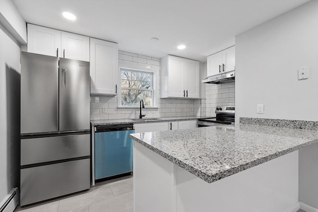 kitchen featuring kitchen peninsula, stainless steel appliances, and white cabinetry