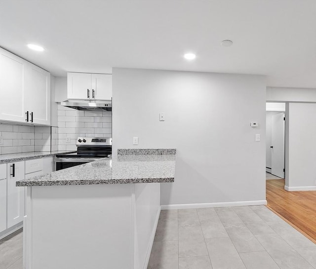 kitchen featuring white cabinets, decorative backsplash, light stone countertops, stainless steel electric range oven, and kitchen peninsula