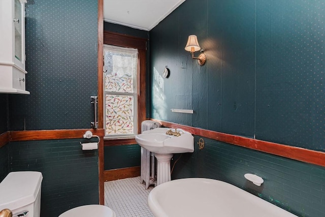 bathroom featuring toilet, crown molding, and sink