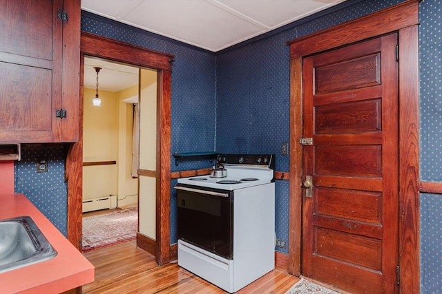 clothes washing area with light wood-type flooring, a baseboard heating unit, and sink