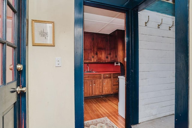 hall featuring wooden walls and sink