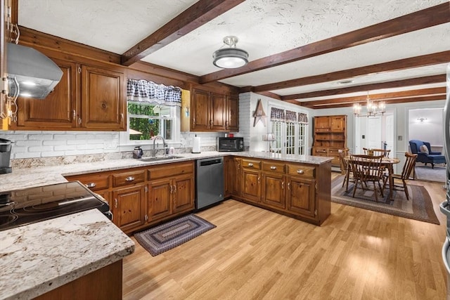 23 Fletcher St, Foxboro, MA 02035 - kitchen with dishwasher, a sink, ventilation hood, a peninsula, and light wood-type flooring