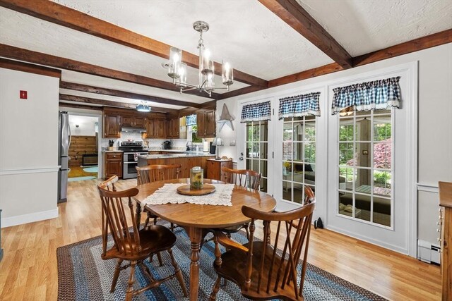 23 Fletcher St, Foxboro, MA 02035 - dining area with beam ceiling, light wood-style floors, a chandelier, baseboard heating, and baseboards