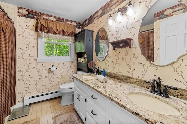 23 Fletcher St, Foxboro, MA 02035 - full bath with baseboard heating, wallpapered walls, double vanity, toilet, and curtained shower