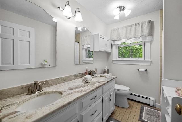 23 Fletcher St, Foxboro, MA 02035 - full bath with a baseboard heating unit, double vanity, toilet, tile patterned flooring, and curtained shower