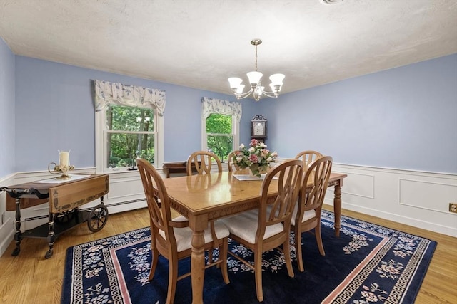 23 Fletcher St, Foxboro, MA 02035 - dining room featuring a chandelier, a wainscoted wall, wood finished floors, and baseboard heating