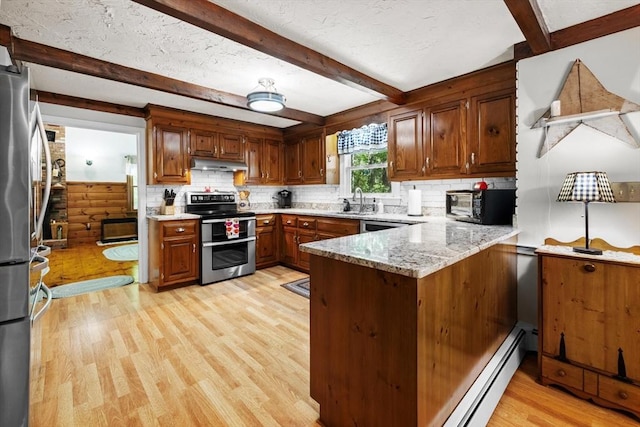 23 Fletcher St, Foxboro, MA 02035 - kitchen featuring stainless steel appliances, a peninsula, light wood-type flooring, under cabinet range hood, and backsplash