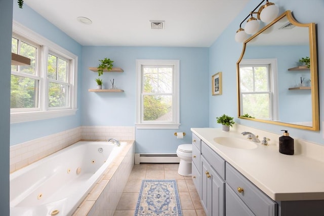 17-19 Beech Gln, Boston, MA 02119 - full bathroom with a baseboard radiator, a whirlpool tub, vanity, toilet, and tile patterned floors