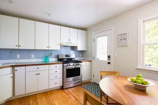 17-19 Beech Gln, Boston, MA 02119 - kitchen featuring stainless steel gas range oven, under cabinet range hood, plenty of natural light, and decorative backsplash