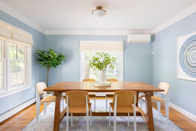 17-19 Beech Gln, Boston, MA 02119 - dining room featuring a wall mounted air conditioner, healthy amount of natural light, crown molding, a baseboard radiator, and light wood-type flooring