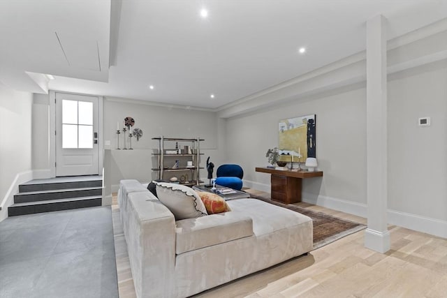 17 Alveston St, Boston, MA 02130 - living room featuring baseboards, recessed lighting, light wood-type flooring, and stairs