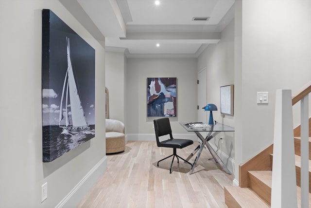 home office featuring light hardwood / wood-style floors