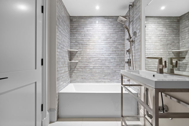 bathroom with tile patterned flooring and plus walk in shower