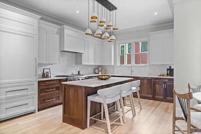 17 Alveston St, Boston, MA 02130 - kitchen featuring light wood-type flooring, light countertops, a kitchen breakfast bar, decorative backsplash, and ornamental molding