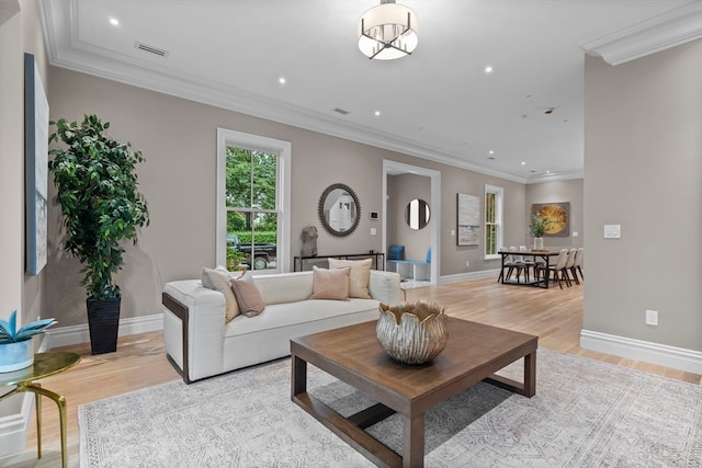 living room featuring crown molding and light hardwood / wood-style flooring