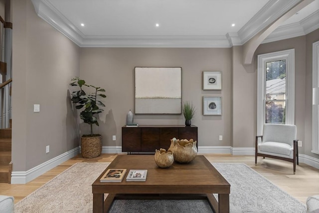 17 Alveston St, Boston, MA 02130 - living area with light wood-style flooring, crown molding, baseboards, and recessed lighting