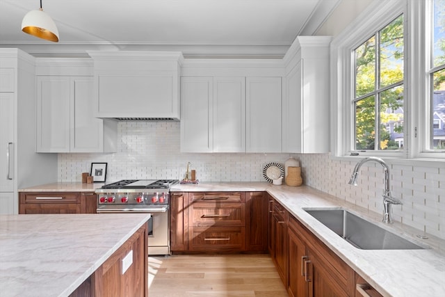 kitchen with light hardwood / wood-style floors, luxury stove, sink, custom exhaust hood, and hanging light fixtures