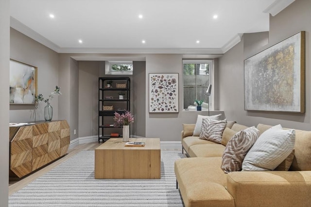 17 Alveston St, Boston, MA 02130 - living area with light wood-style floors, ornamental molding, baseboards, and recessed lighting