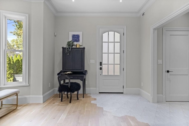 17 Alveston St, Boston, MA 02130 - foyer with baseboards, ornamental molding, and light wood-type flooring