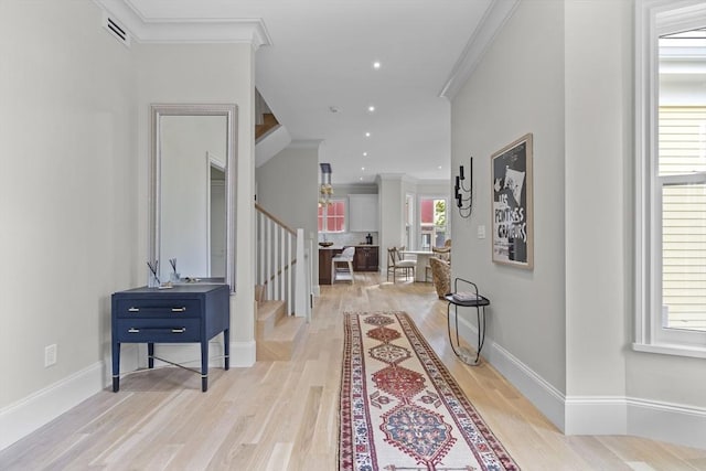 17 Alveston St, Boston, MA 02130 - hallway with stairs, light wood-style floors, crown molding, baseboards, and recessed lighting