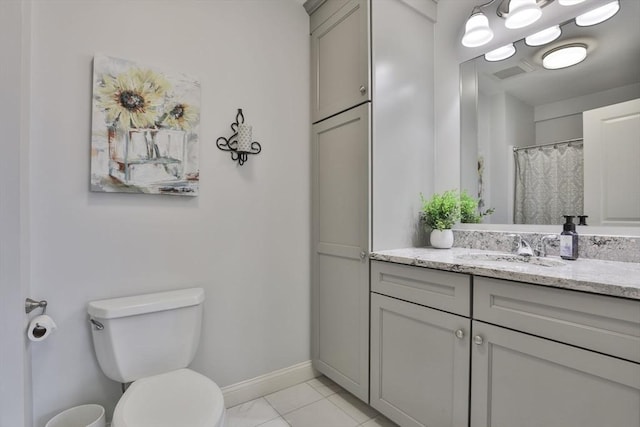 full bathroom featuring visible vents, baseboards, toilet, tile patterned flooring, and vanity