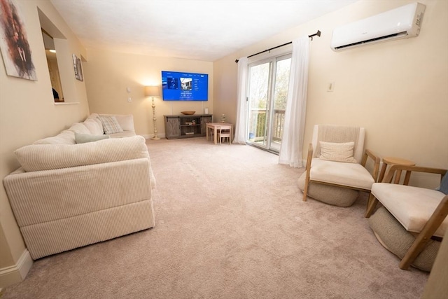 carpeted living room featuring a wall unit AC and baseboards