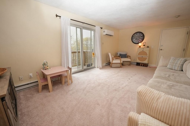 living area with a wall mounted air conditioner, carpet, a baseboard radiator, and baseboards
