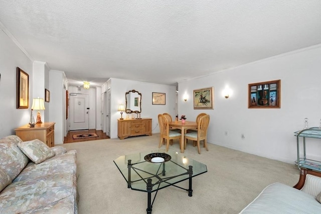 2 Hawthorne Pl Unit 2E & 2F, Boston, MA 02114 - living room with light colored carpet, ornamental molding, and a textured ceiling