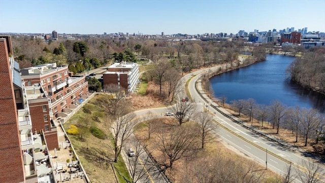 bird's eye view featuring a water view and a city view