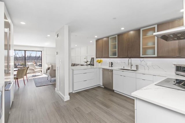 kitchen with light wood-type flooring, glass insert cabinets, modern cabinets, stainless steel appliances, and a sink