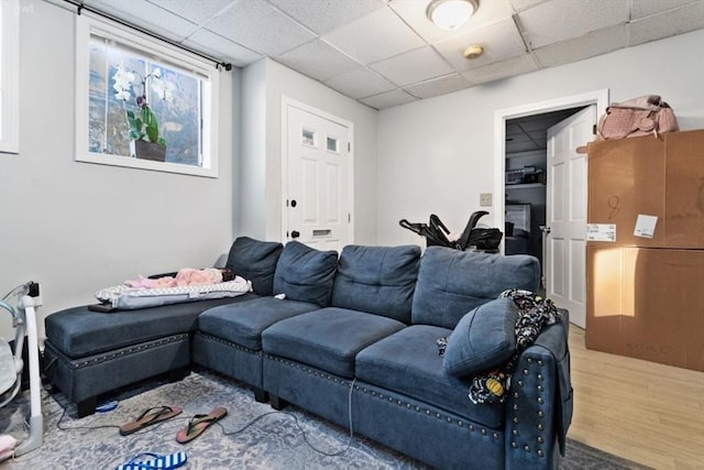 living area with a drop ceiling and wood finished floors