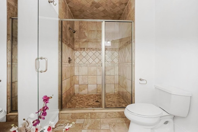 bathroom featuring a shower stall, toilet, and stone finish floor