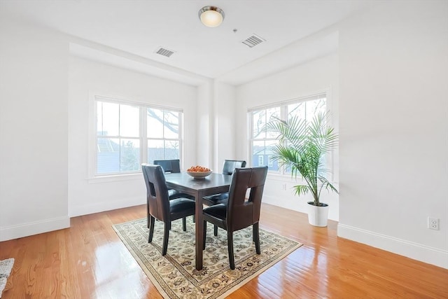 dining room featuring light wood-type flooring, visible vents, and baseboards