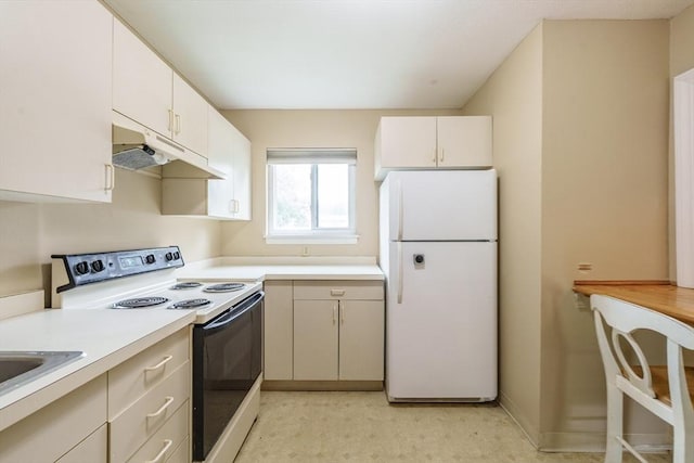 170 E Hadley Rd Unit 60, Amherst, MA 01002 - kitchen featuring white appliances, under cabinet range hood, light countertops, and white cabinets