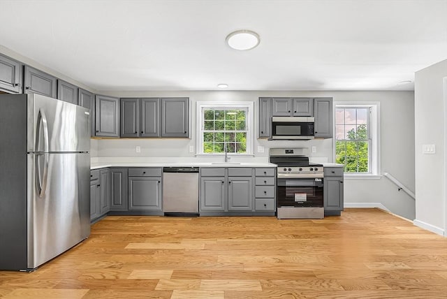 69 Biscuit Hill Dr, Leominster, MA 01453 - kitchen featuring appliances with stainless steel finishes, gray cabinetry, and light wood-style flooring