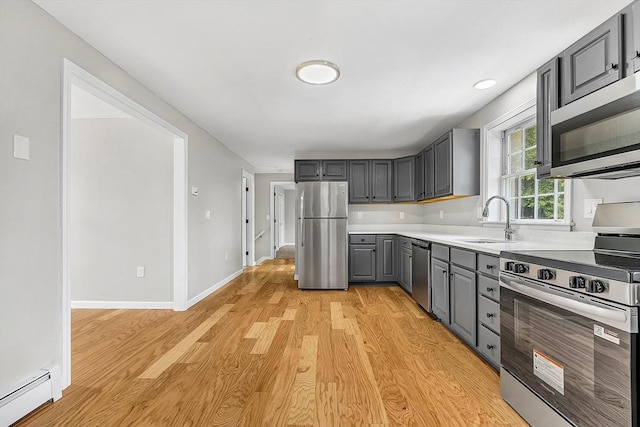 69 Biscuit Hill Dr, Leominster, MA 01453 - kitchen featuring stainless steel appliances, gray cabinets, a baseboard radiator, light wood-style floors, and light countertops