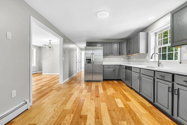 69 Biscuit Hill Dr, Leominster, MA 01453 - kitchen with stainless steel appliances, baseboard heating, gray cabinetry, a baseboard radiator, and light wood finished floors