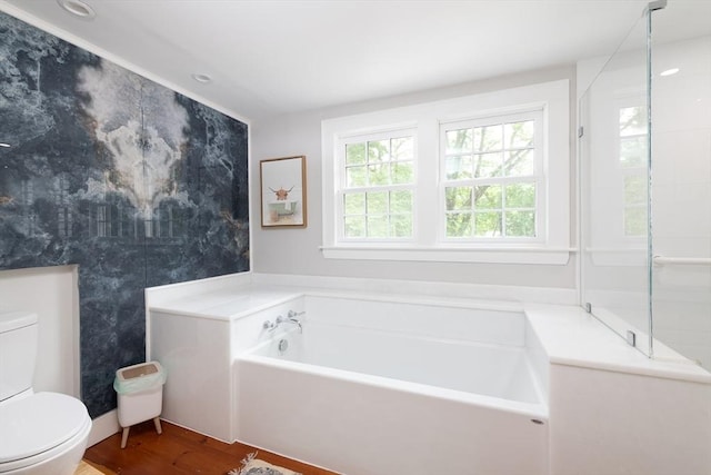 338 Highland St, Weston, MA 02493 - bathroom with toilet, a garden tub, and wood finished floors