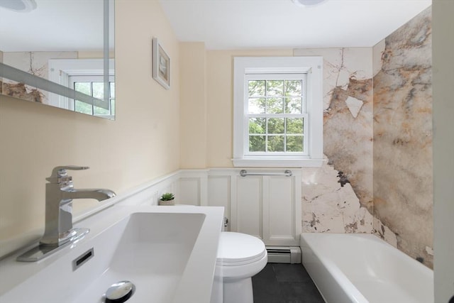 338 Highland St, Weston, MA 02493 - bathroom featuring a baseboard heating unit, a bath, toilet, tile patterned flooring, and wainscoting