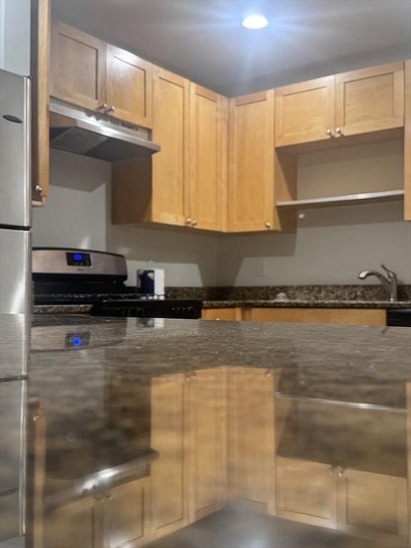 486 Revere Unit 2, Revere, MA 02151 - kitchen featuring under cabinet range hood, stainless steel appliances, dark stone countertops, open shelves, and recessed lighting