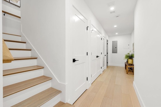 145 Warren St Unit 5, Newton, MA 02459 - corridor with electric panel, stairs, recessed lighting, and light wood finished floors