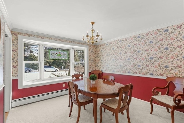 carpeted dining space with ornamental molding, a notable chandelier, and baseboard heating